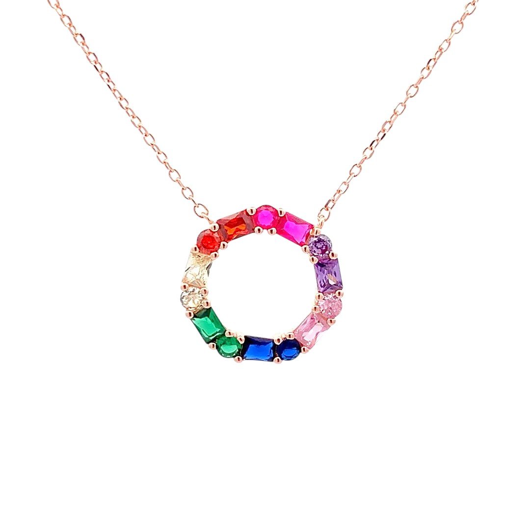 Rainbow Dazzle Halo Pendant Chain (Pure Silver) - Rose Gold